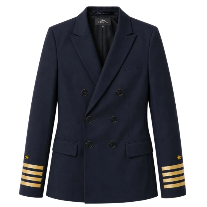 chaqueta cruzada azul marino botones negros galones dorados vista delantera