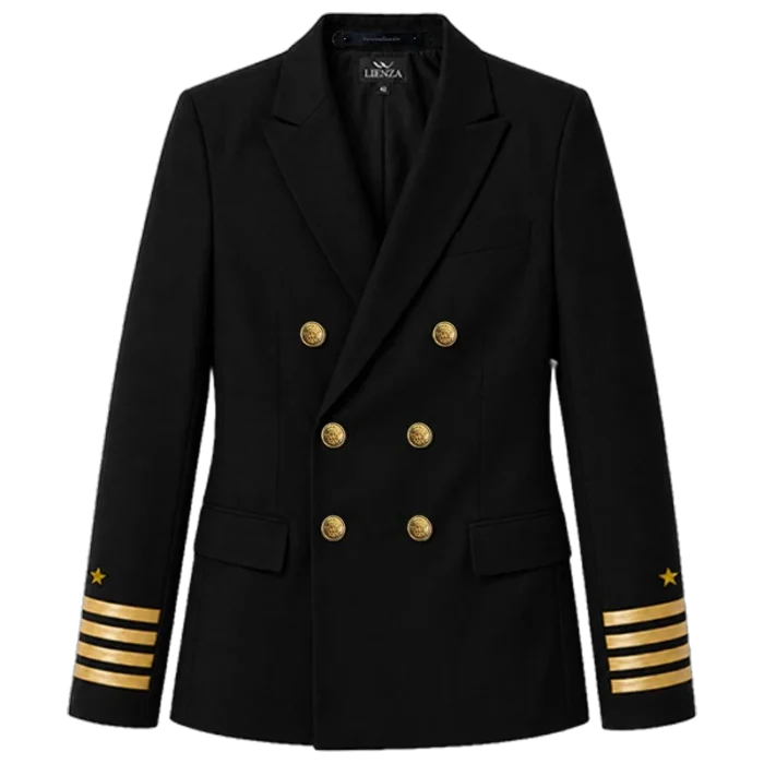 chaqueta negra cruzada botones galones dorados vista delantera