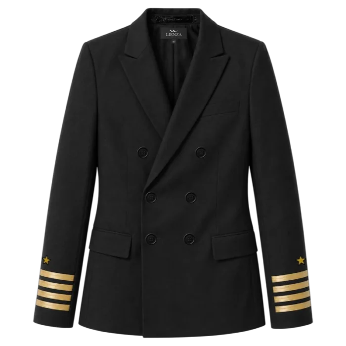 chaqueta negra cruzada botones negros galones dorados vista delantera