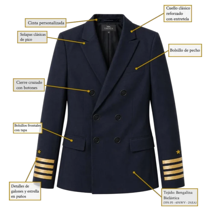 Uniforme Piloto Cruzado 10 ficha tecnica chaqueta cruzada vista delantera piloto azul marino