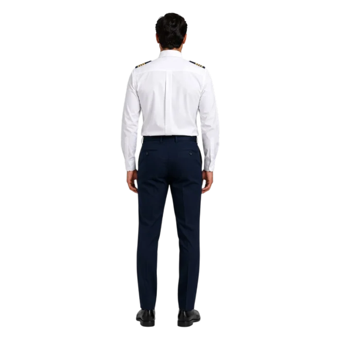 modelo hombre pantalon azul vista trasera